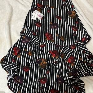 LuLaRoe Asymmetrical Skirt with Black and White Stripes and Floral Accents